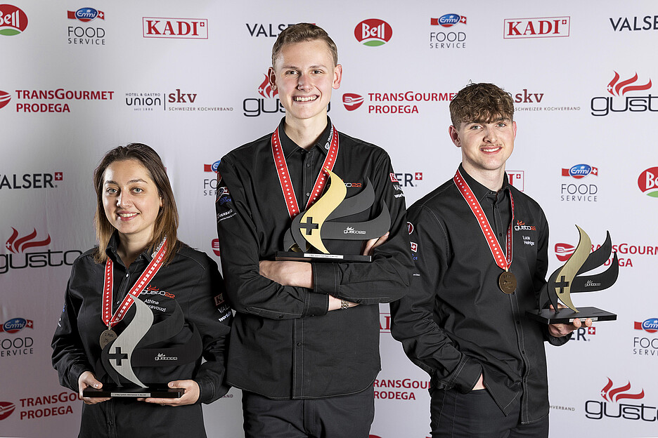 Die drei Erstplatzierten (v.l.n.r.): Athina Karavouzi (2. Platz), Fynn Thielen (1. Platz), Luca Heiniger (3. Platz).