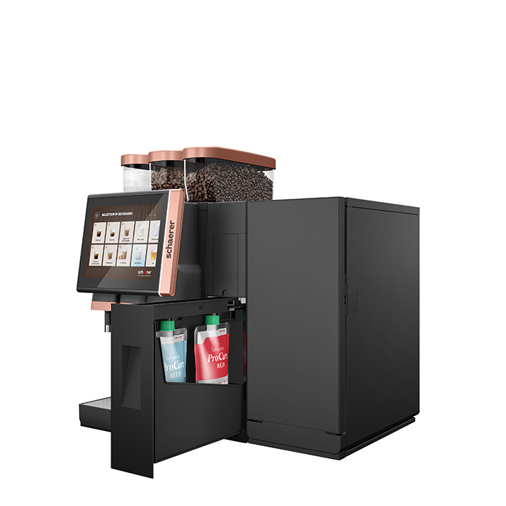 Le système de nettoyage Schaerer ProCare s'intègre entre la machine à café et le système de lait pour un gain de place.